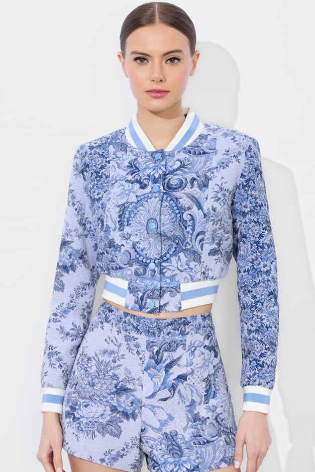 Alice + Olivia Women's Barton Cropped Mixed Media Varsity Jacket