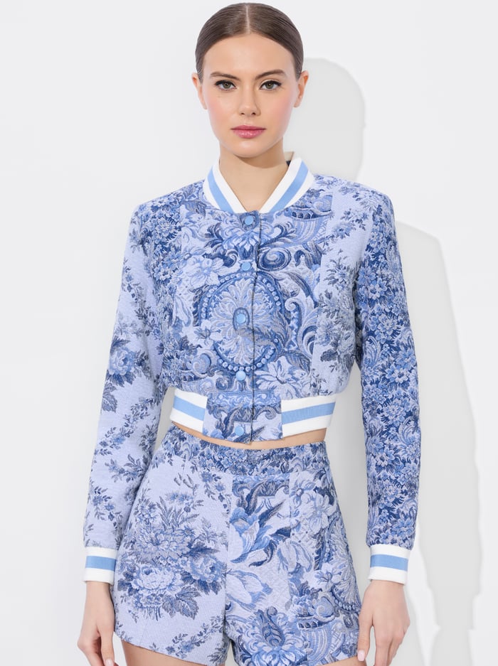 Alice + Olivia Women's Barton Cropped Mixed Media Varsity Jacket