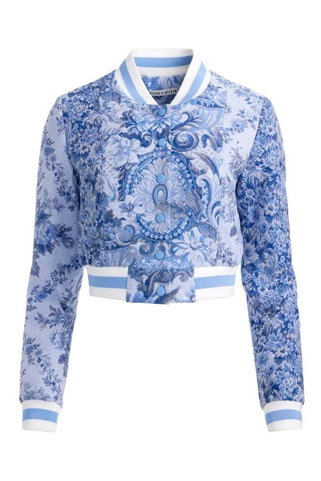 Alice + Olivia Women's Barton Cropped Mixed Media Varsity Jacket
