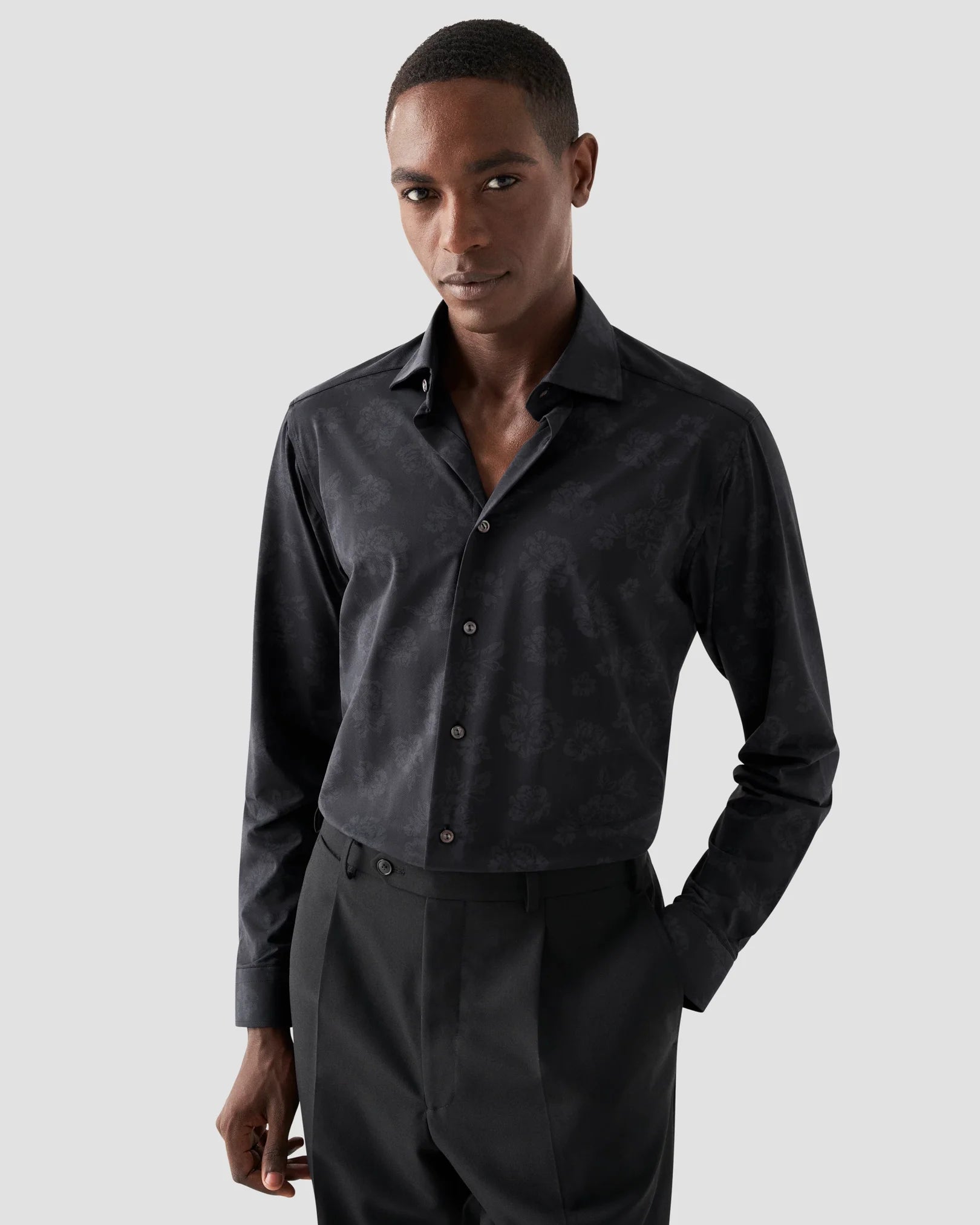 Eton Men's Black Floral Print Four-Way Stretch Shirt
