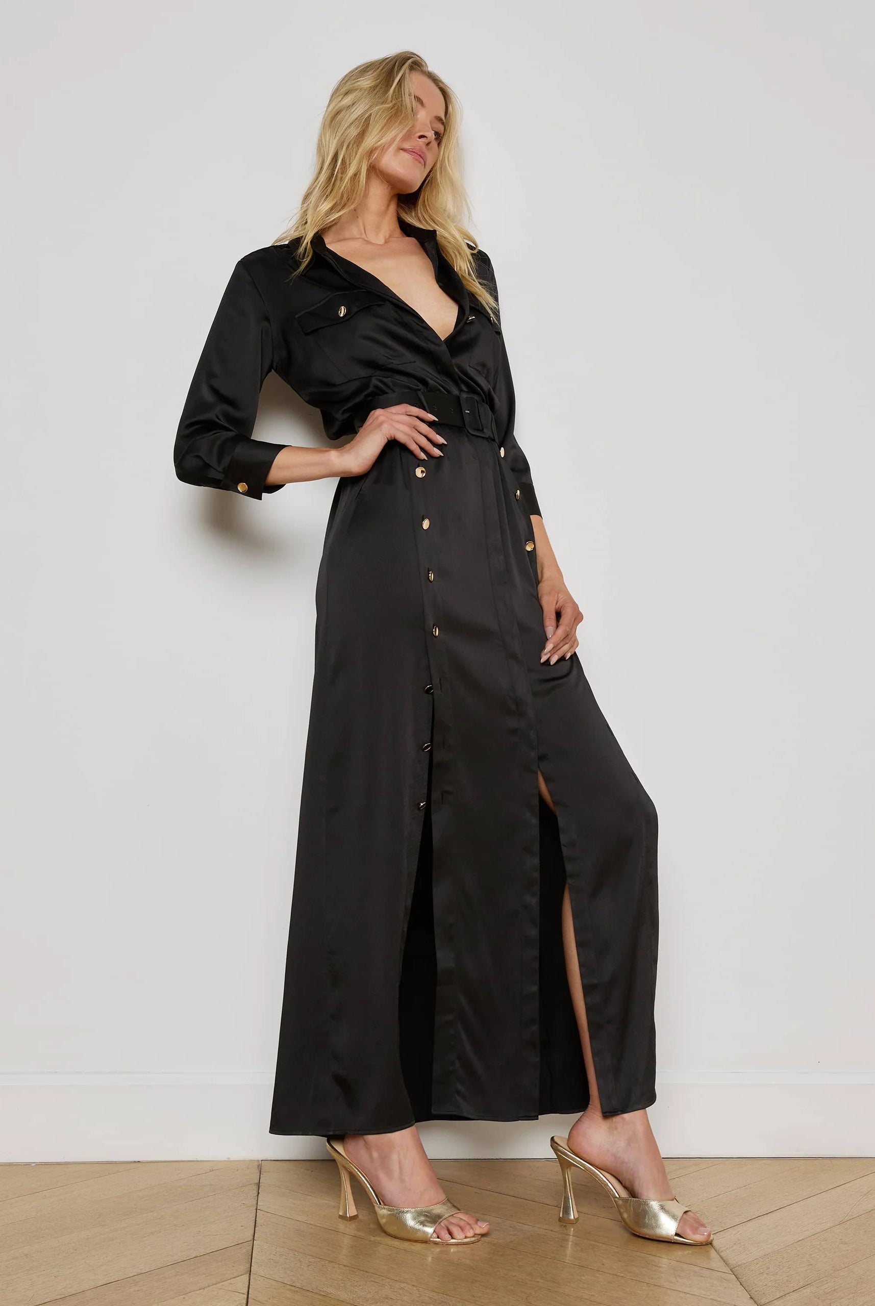 L'Agence Women's Uriah Satin Maxi Shirt Dress