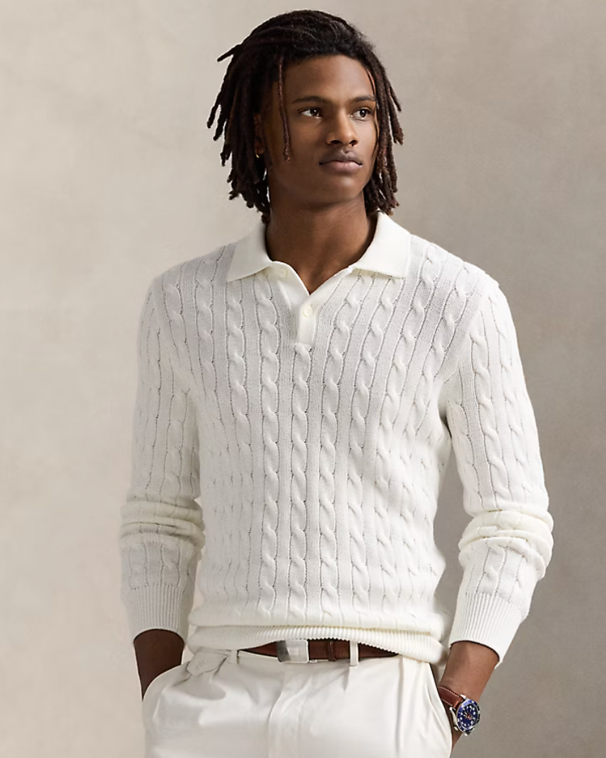 Ralph Lauren Men's Cable-Knit Cotton Polo-Collar Sweater