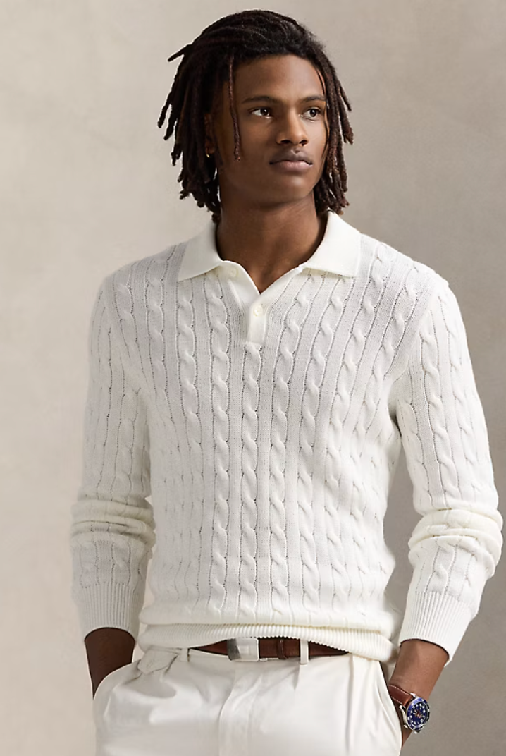 Ralph Lauren Men's Cable-Knit Cotton Polo-Collar Sweater