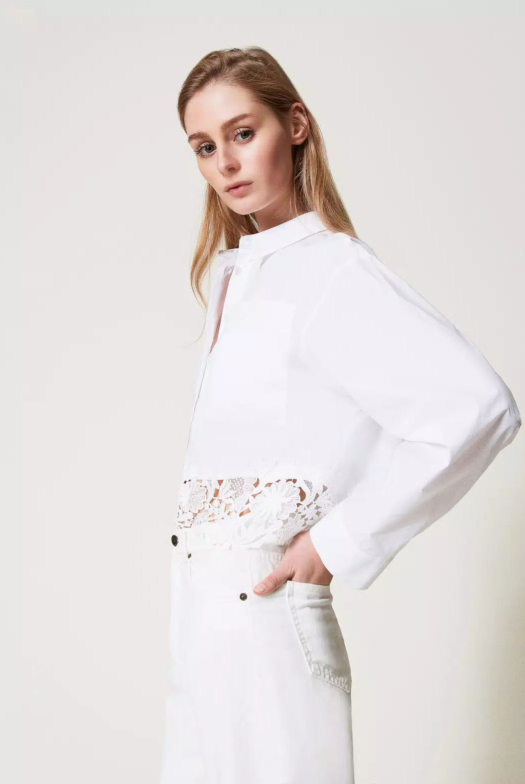 Twinset Women's Boxy Poplin Shirt with Lace