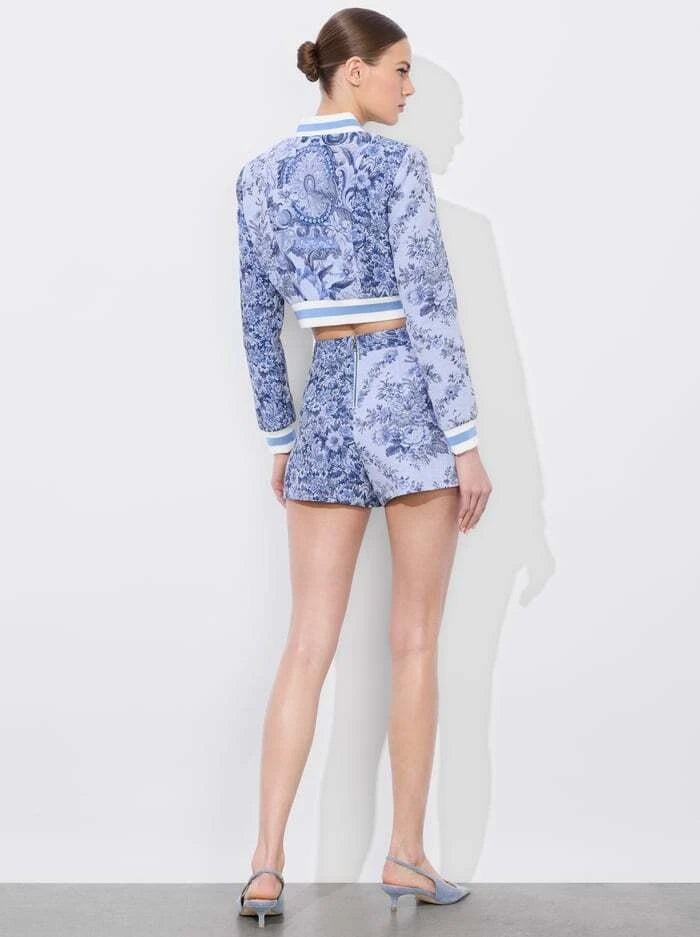 Alice + Olivia Women's Barton Cropped Mixed Media Varsity Jacket