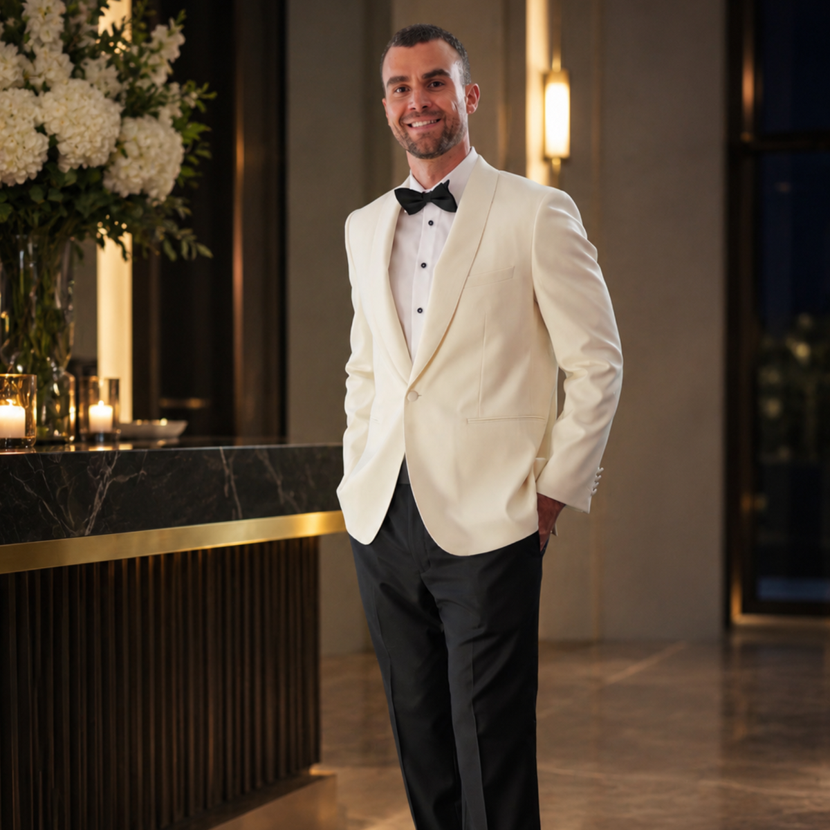 A man wearing a cream-colored tuxedo jacket with a white shirt, black bow tie, and black trousers, standing in a luxurious hotel lobby.