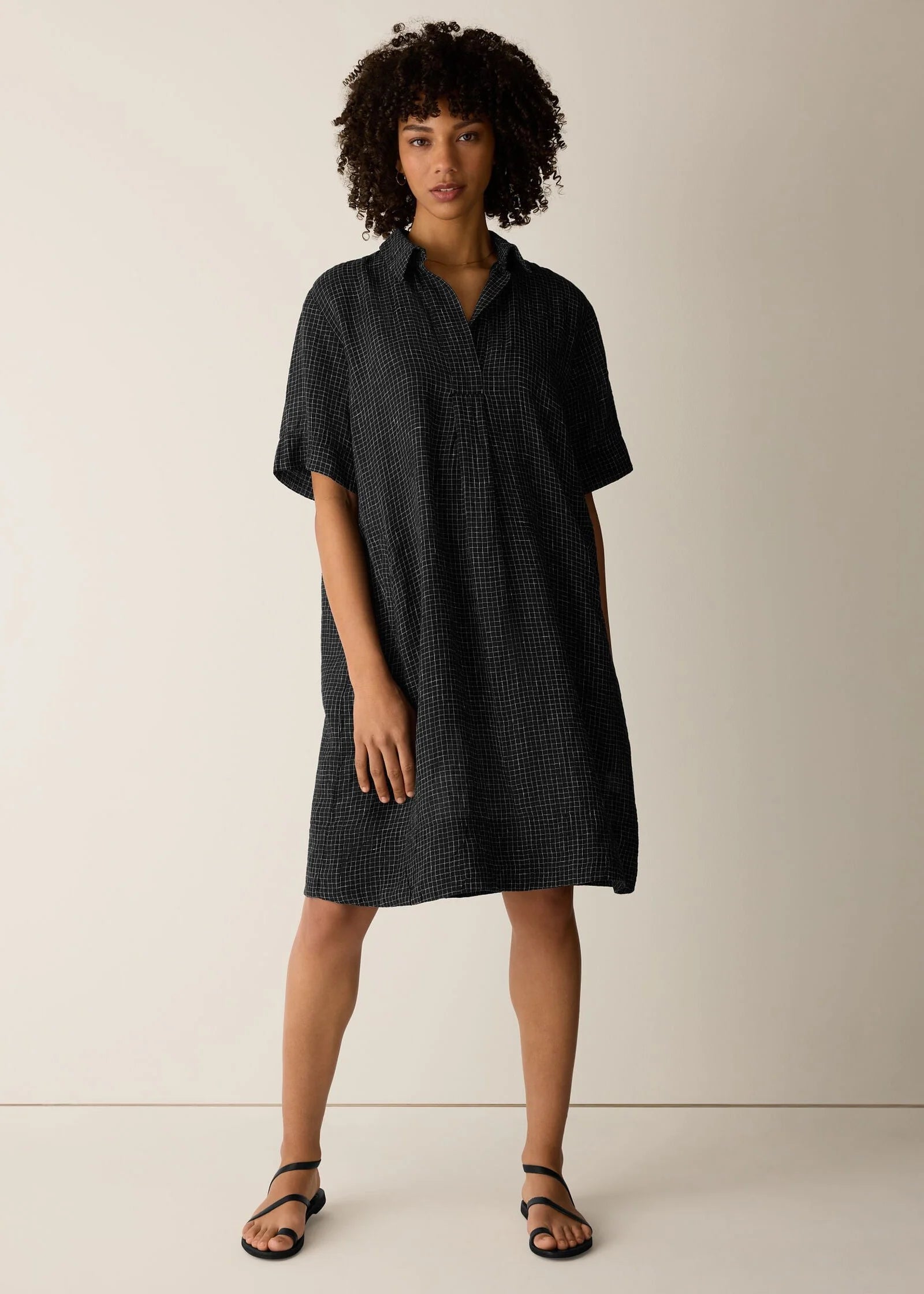 Eileen Fisher Women's Puckered Organic Linen Grid Classic Collar Dress –  Channers