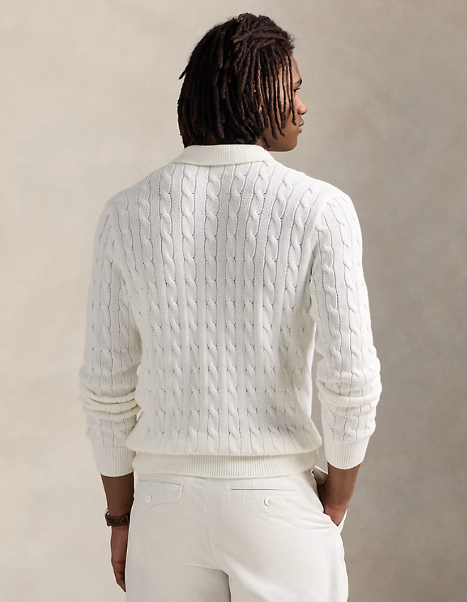 Ralph Lauren Men's Cable-Knit Cotton Polo-Collar Sweater