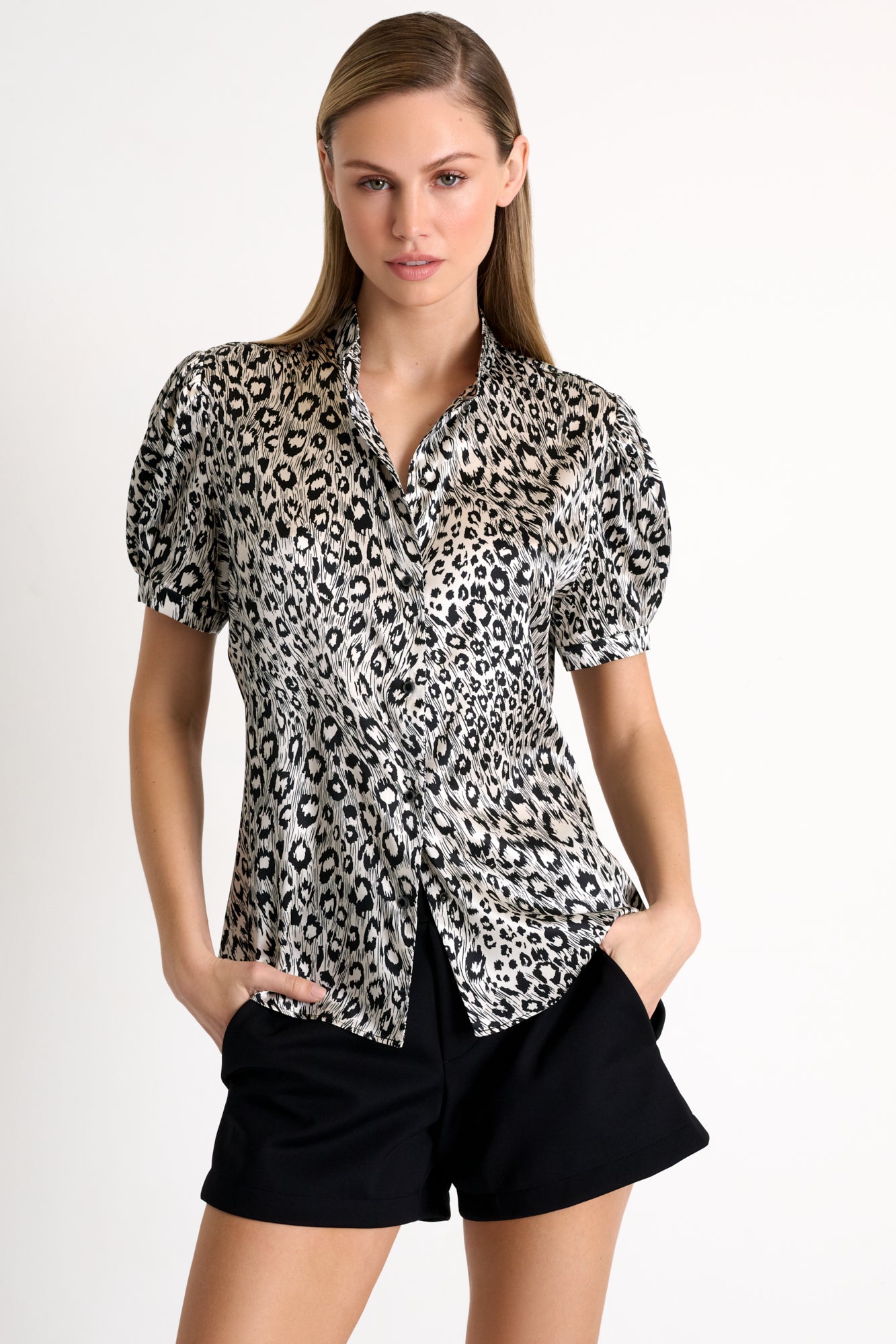 Shan Women's Short-Sleeved Silk Leopard Print Blouse