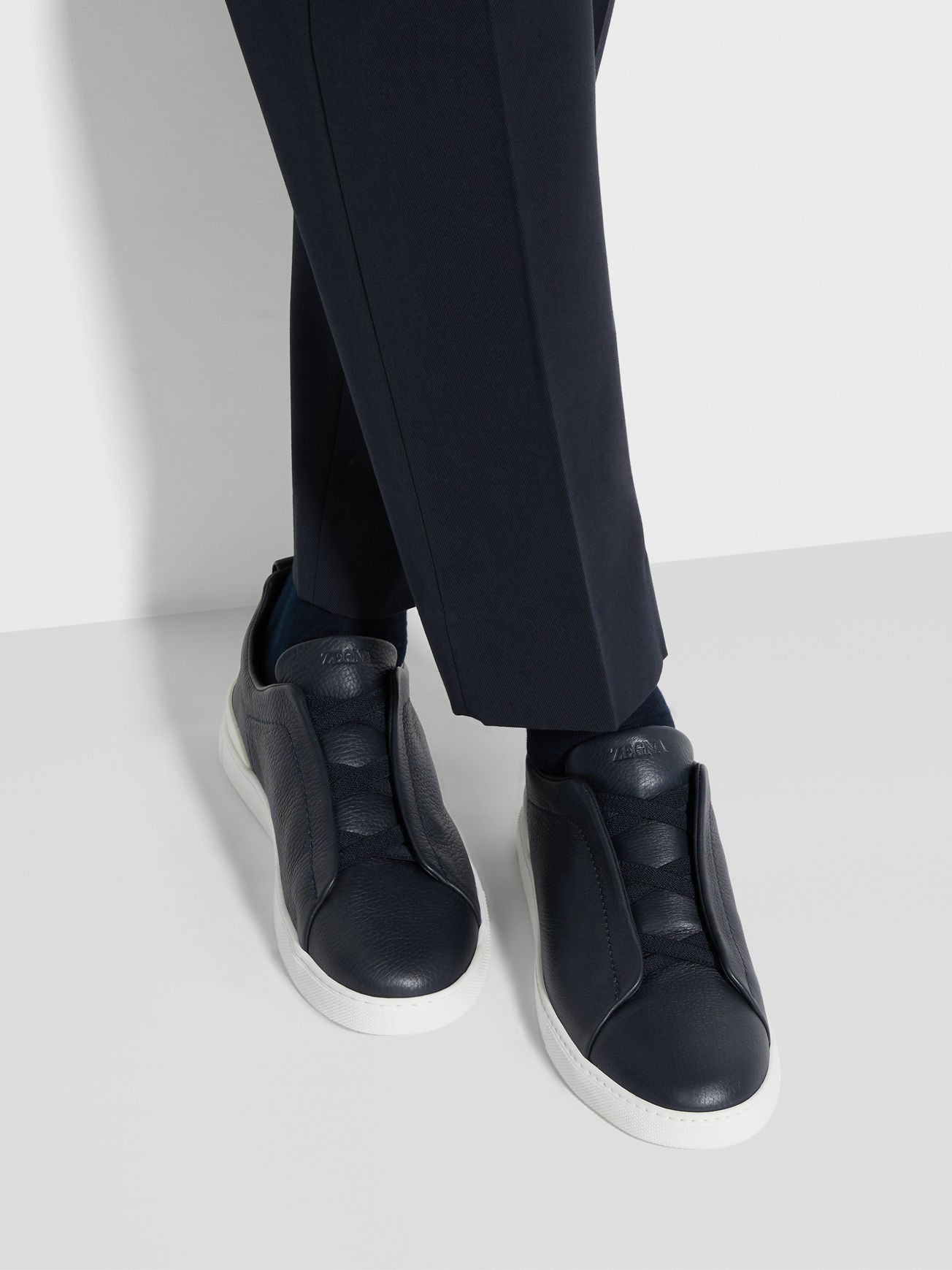 Zegna Men's Navy Blue Deerskin Triple Stitch™ Sneakers